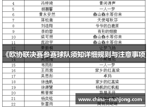 《欧协联决赛参赛球队须知详细规则与注意事项》